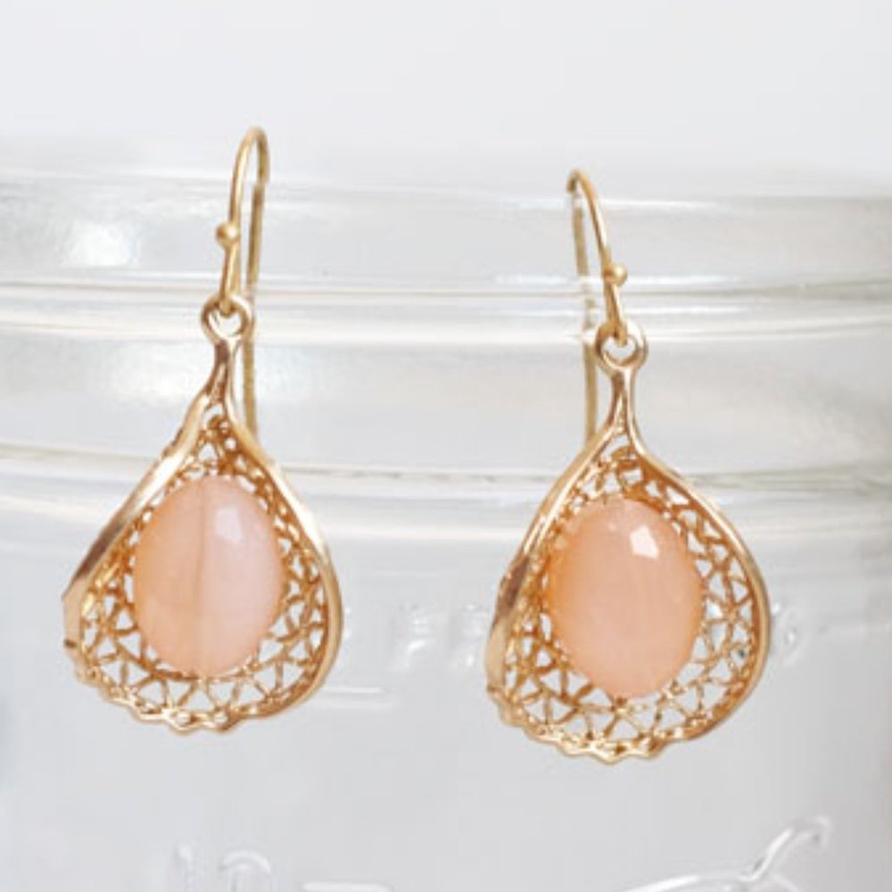 Gold Tone Filigree Teardrop Pink drop Hook Earring